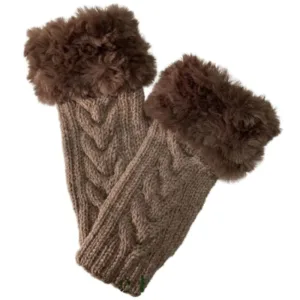 Women’s Faux Fur Fingerless Knitted Gloves | Warm Winter Hand Wrist Warmers | Soft, Stylish & Comfortable | Brown